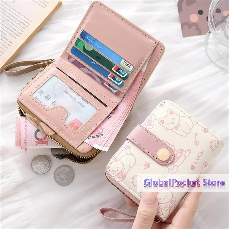 Cute Cat PU Leather Coin Purse Women Fashion Short Wallet Folding Zipper Wallet ID Card Holder Travel Lightweight Cash Coin Bags Good Vibrations