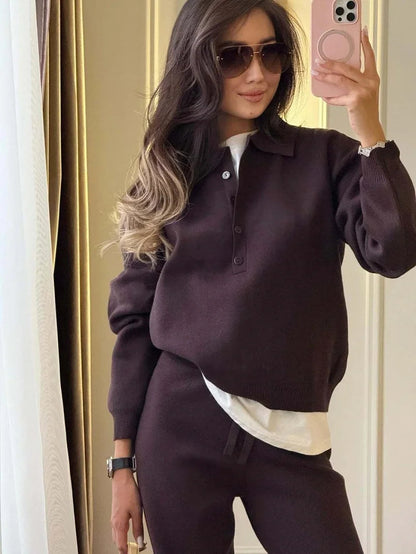 Fashion Knitting 2 Piece Sets Women Outfit Autumn Clothing Women 2026 Polo-Neck Pullover Sweater Long Pants Suit Knit Woman Sets Good Vibrations
