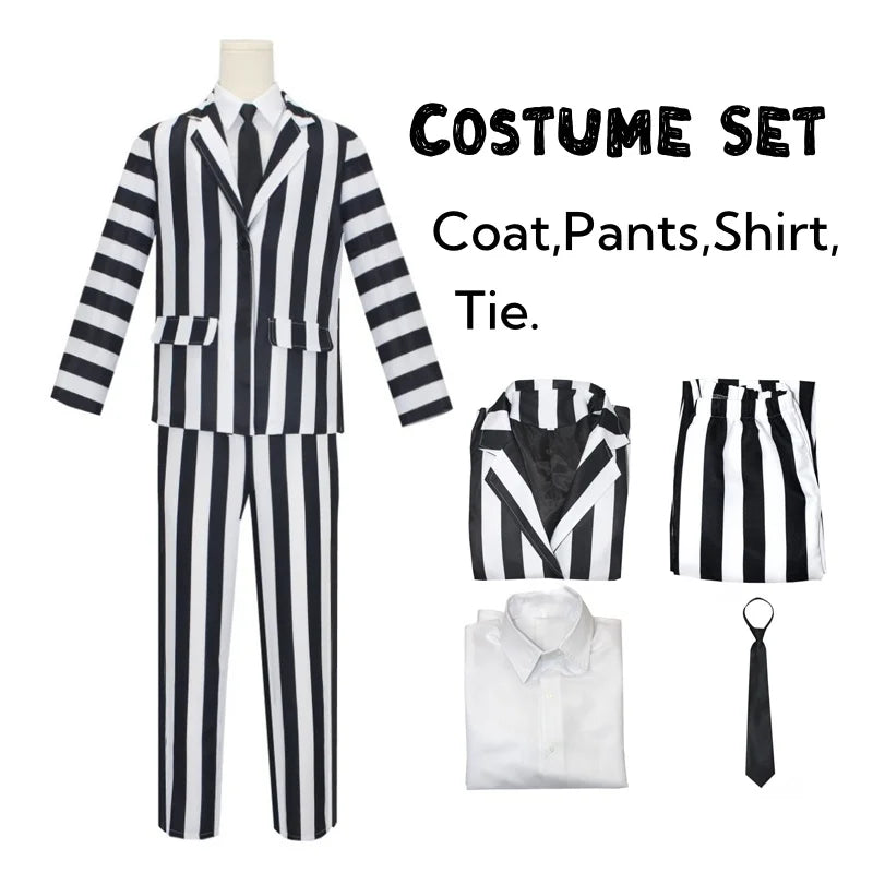 Men's Adult Halloween Costume Black and White Striped Suit Shirt and Tie Scary Costumes Spooky Beetla Halloween Cosplay Outfits Good Vibrations