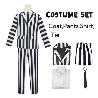 Men's Adult Halloween Costume Black and White Striped Suit Shirt and Tie Scary Costumes Spooky Beetla Halloween Cosplay Outfits Good Vibrations