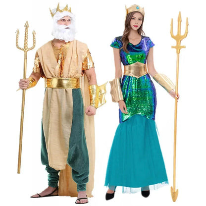 Couple Neptune King Sea Siren Mermaid Queen Costume Men Poseidon Costumes Fantasia Halloween Purim Carnival Mardi Gras Dress up Good Vibrations