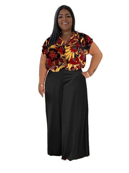 Woman 2 Piece Outfit Set Plus Size Summer Casual Suit Set Floral Print Shirt Pants Set Basic Lounge Wear Good Vibrations