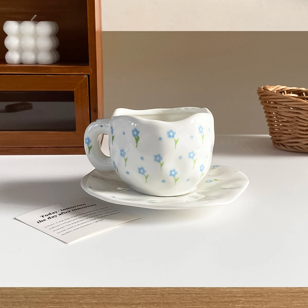 1Pc280Ml Original Design Scandinavian Style Hand-Kneaded Ceramic Coffee Cup and Saucer Multi-Color Plaid Heart Blue Sky and White Clouds Flower Mug Suitable for Afternoon Tea Milk Cup and Saucer Latte Cup Dessert Plate Cup an Good Vibrations