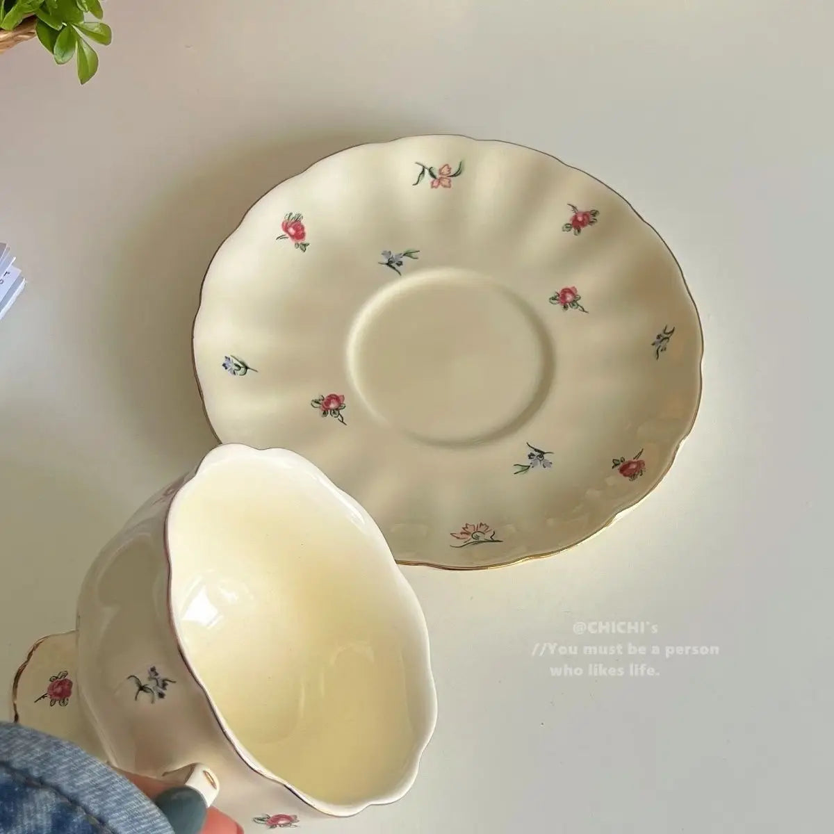Ceramic Tea Cups Plate Set  Exquisite Afternoon Tea Coffee Cup Cream Color High Beauty Household Mug Birthday Gift 250ml Good Vibrations