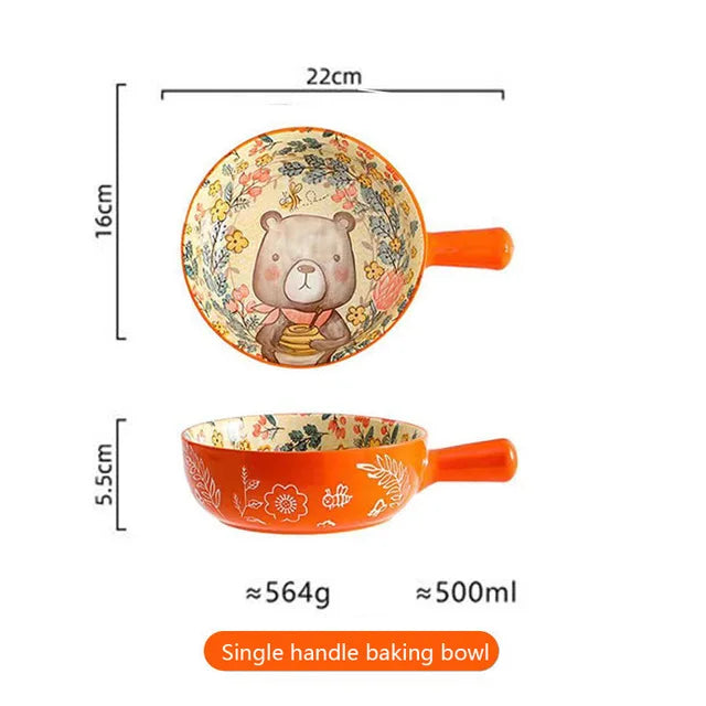 Ceramic Bakeware With Handle Forest Animals Baking Pan  Underglaze  Kitchen Tableware Salad Bowl Au Gratin Dishes Good Vibrations