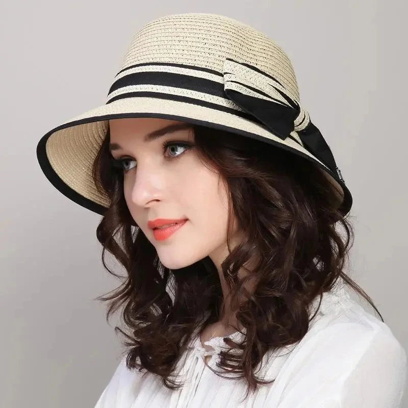 Muchique Boater Hats for Women Summer Sun Straw Hat Wide Brim Beach Hats Girl Outside Travel Straw Cap Casual Bow Hat Good Vibrations