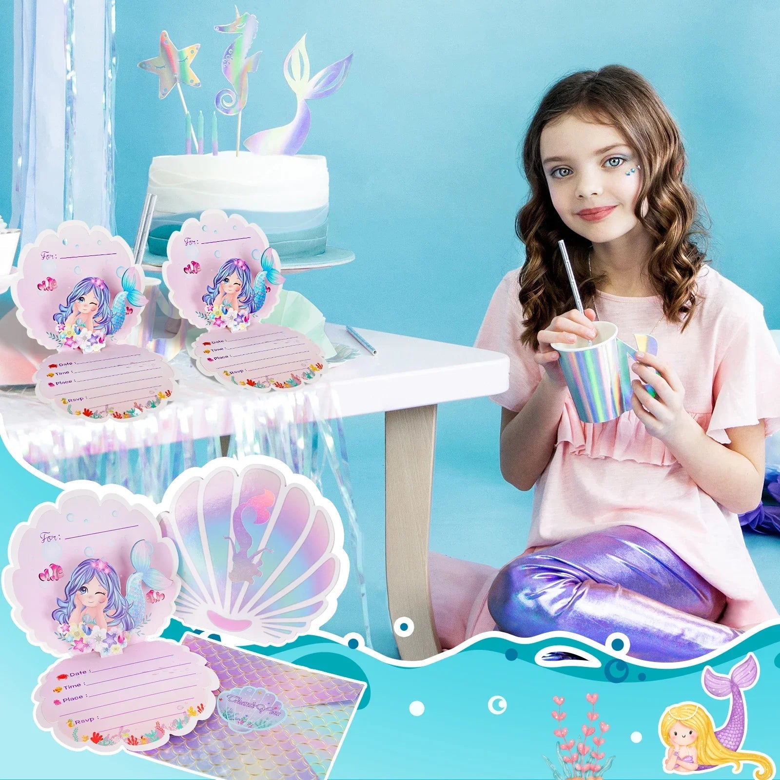 Mermaid Birthday Invitations Girls,3D Pearlescent Invitations Mermaid Party Supplies for Under the Sea Ocean Party Decorations Good Vibrations