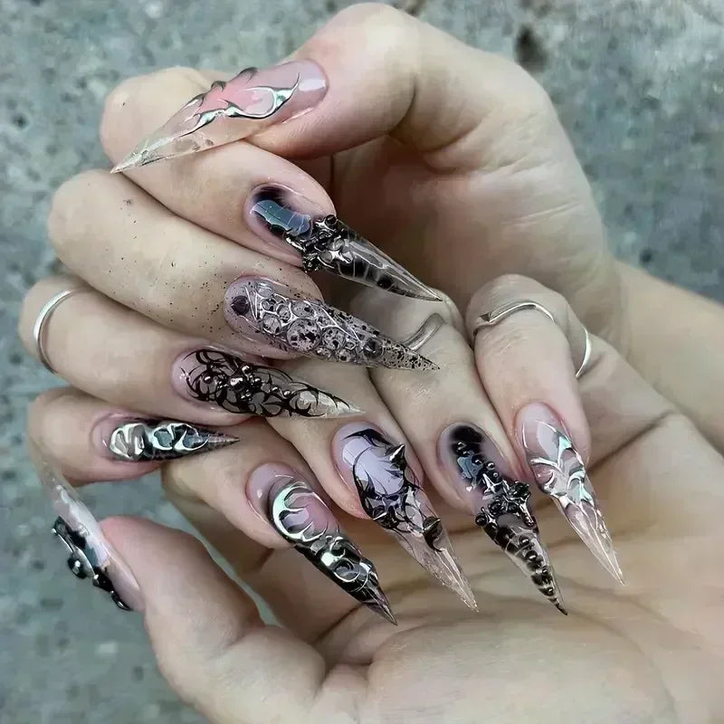 24Pcs False Nails Spicy Girl Silver Bow with Diamond Fake Nails with Glue Almond Press on Nails Black Cool Y2k Almond Nail Set Good Vibrations
