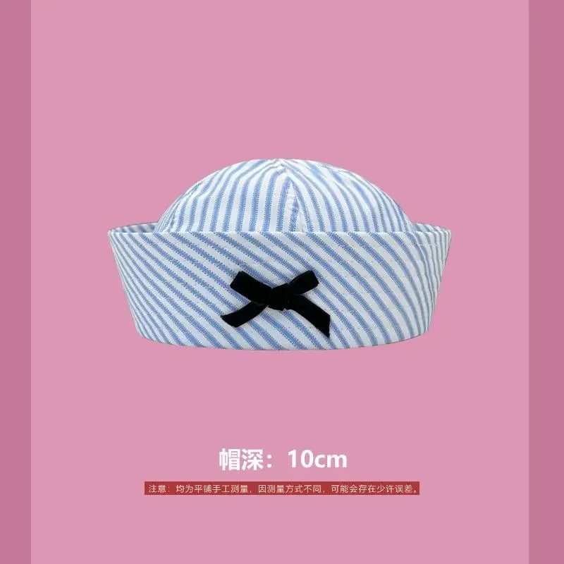 Y2K Striped Bow Flower Rhinestone Sailor JK Beret Navy Hats for Women Summer Niche Flipped Nurse Cosplay Beret Cap Sombreros Good Vibrations
