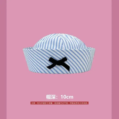 Y2K Striped Bow Flower Rhinestone Sailor JK Beret Navy Hats for Women Summer Niche Flipped Nurse Cosplay Beret Cap Sombreros Good Vibrations
