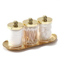 2/3 Pack Qtip Holder Bathroom Set with Golden Tray Organizer Acrylic Plastic Apothecary Jars Qtip Dispenser Canister with Lid Good Vibrations