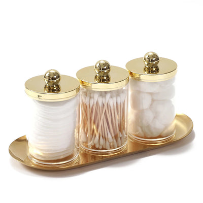 2/3 Pack Qtip Holder Bathroom Set with Golden Tray Organizer Acrylic Plastic Apothecary Jars Qtip Dispenser Canister with Lid