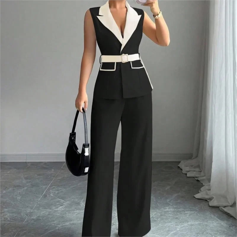 Women's Office Lady Ensemble Outfit Autumn Sleeveless Straight Leg Pants Set Classy Bandeau Elegant Style Top And Vest 2 Set Good Vibrations