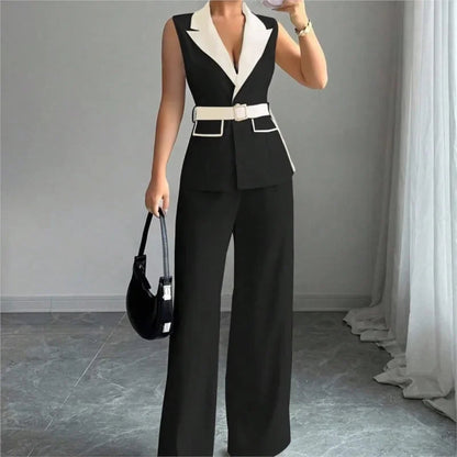 Women's Office Lady Ensemble Outfit Autumn Sleeveless Straight Leg Pants Set Classy Bandeau Elegant Style Top And Vest 2 Set Good Vibrations
