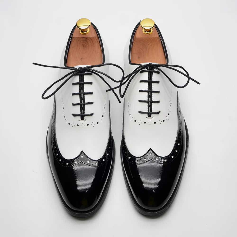 Formal Oxfords Shoes for Men White Black Real Cow Patent Leather Business Lace-up Wingtip Toe Brogue Wedding Mens Dress Shoes Good Vibrations