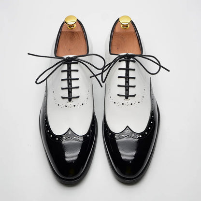 Formal Oxfords Shoes for Men White Black Real Cow Patent Leather Business Lace-up Wingtip Toe Brogue Wedding Mens Dress Shoes Good Vibrations
