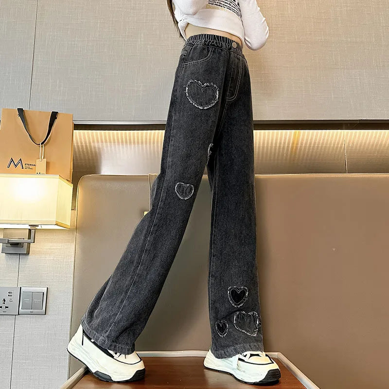 2025 Spring Autumn Girls Love Rough Edges Jean Korean Version Style Kids Middle Waist Cowboy Pants Elastic Waist Long Pants Good Vibrations