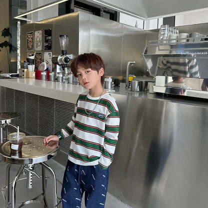 2025 autumn Children Clothes Girls Long Sleeves Bottoming Shirts Cool Boys Stripe Cotton T-shirt Teen Loose Casual 2-7y Kids Top Good Vibrations
