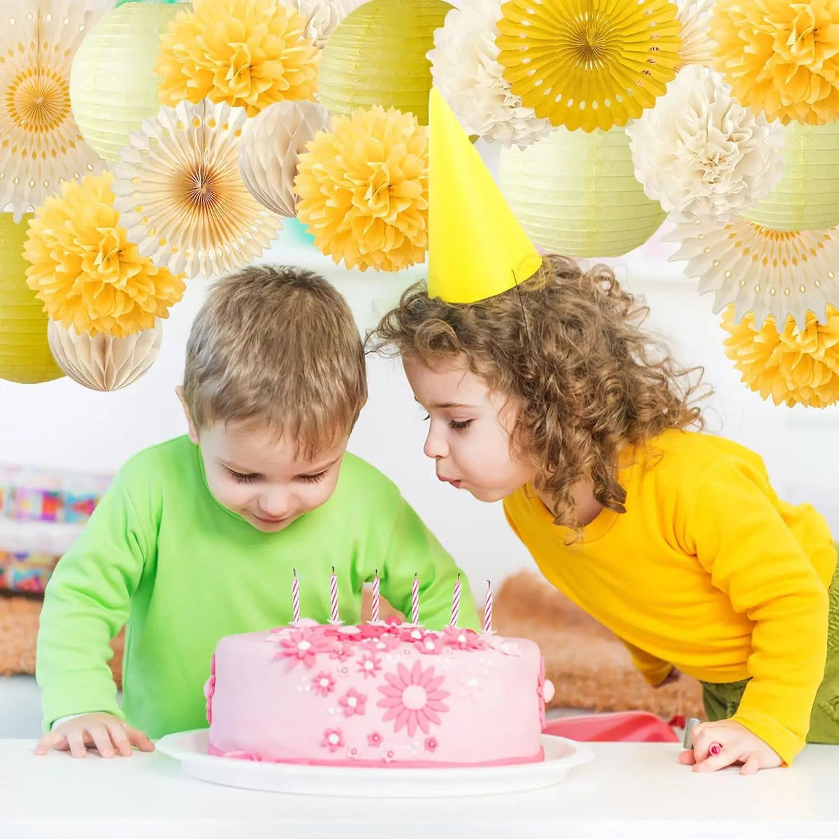 Yellow Party Decorations Yellow and Cream Paper Fans Paper Lanterns Pom Poms Flowers for Baby Shower Birthday Wedding Party Good Vibrations