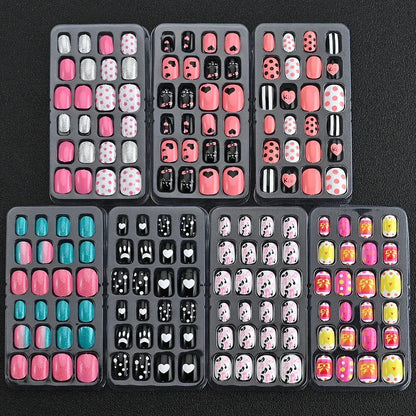 24 Pcs/box Children Cartoon Nail Tips Colorful Artificial Fake Nails for Cute Kids Girls Full Cover Short False Nail Art Kits* Good Vibrations