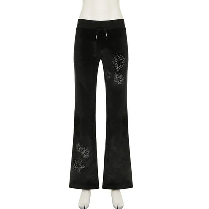 Goth Dark Techwear Fashion Stars Rhinestone Drawstring Pants Mall Goth Streetwear 90s Grunge Soft Velvet Trousers Women Y2K Pant Good Vibrations