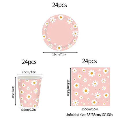 24pcs 7/9inch Pink Daisy Theme Disposable Tableware Flower Plate Napkin Straws Banner Birthday Party Baby Shower Wedding Decor Good Vibrations