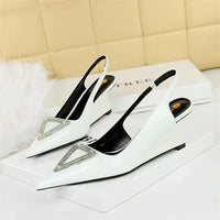 Wedges Women Shoes High Heel Shallow Pointed Toe Hollow Back Straps Patent Leather Triangle Metal Crystal Buckle Pumps Good Vibrations
