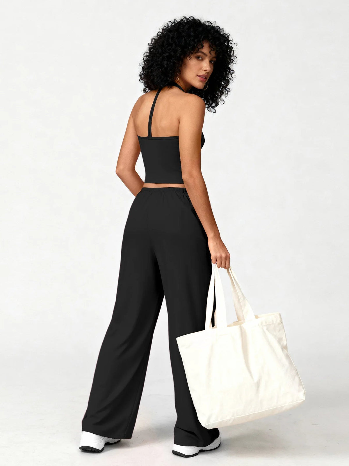 Women 2 Piece Yoga Outfit Ribbed Halter Crop Tank Top Drawstring Wide Leg Pants Set Casual Workout Gym Loungewear Tracksuit Good Vibrations