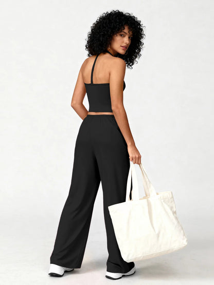 Women 2 Piece Yoga Outfit Ribbed Halter Crop Tank Top Drawstring Wide Leg Pants Set Casual Workout Gym Loungewear Tracksuit Good Vibrations