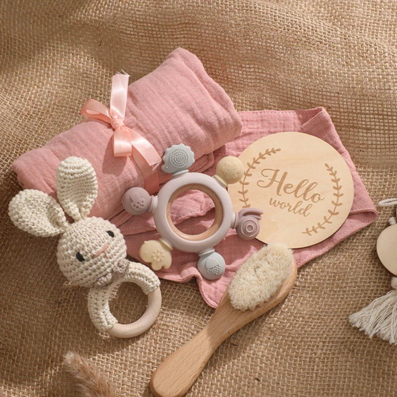 1Set Baby Bath Toy Set Food Grade Silicone Teether Toys Wooden Ring Crochet Rattle Milestones Card Bath Brush For Newborn Gift Good Vibrations