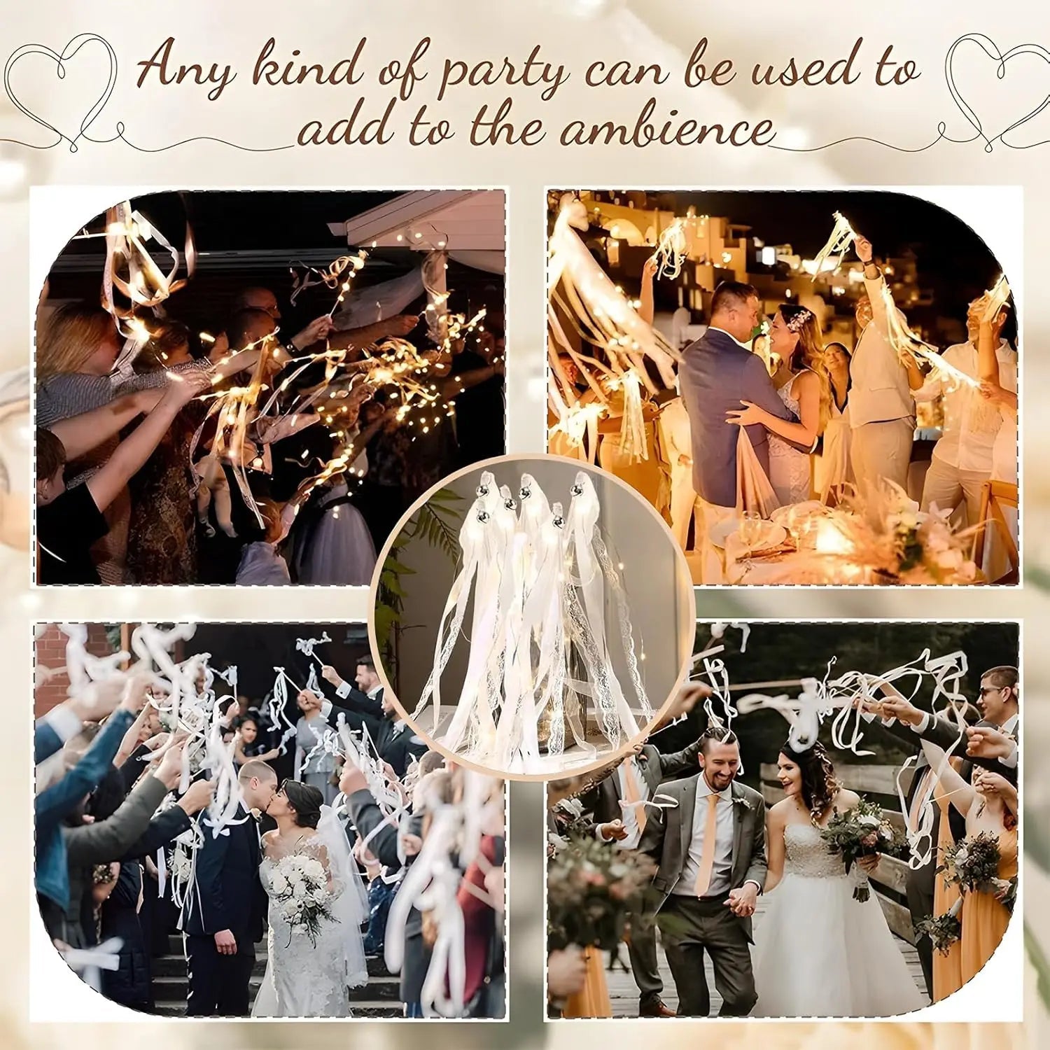 20-60Pcs Light up Wedding Wands LED Ribbon Wands Sparklers with Bells, Wedding Exit Send Off, Dance Floor Props, Wedding Favors Good Vibrations