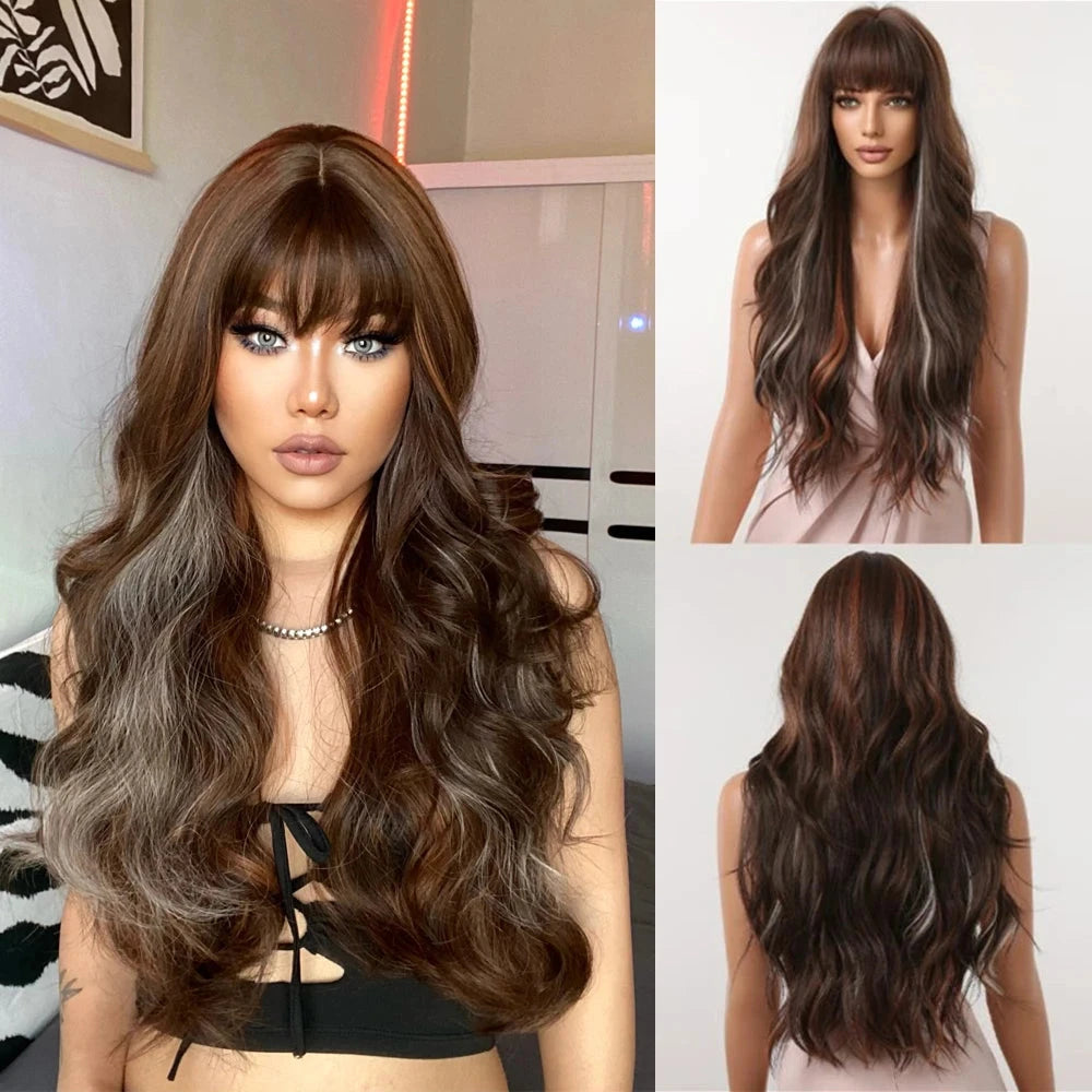 Ginger Orange Synthetic Wigs for Black Women Long Wavy Wigs with Bangs Cosplay Colored Hair Heat Resistant Body Wave Party Wig Good Vibrations