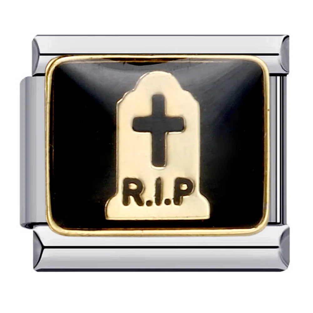 Goth Vintage Black Glaze Skull Raven Ghost Halloween Day's Charm Links Fit 9mm Bracelet Stainless Steel Making DIY Jewelry Good Vibrations