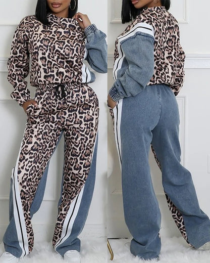 Fashion Women's Two-Piece Set Leopard Pattern Stripe Print Long Sleeve Pullover Drawstring Denim Pants Casual Pants Set Good Vibrations
