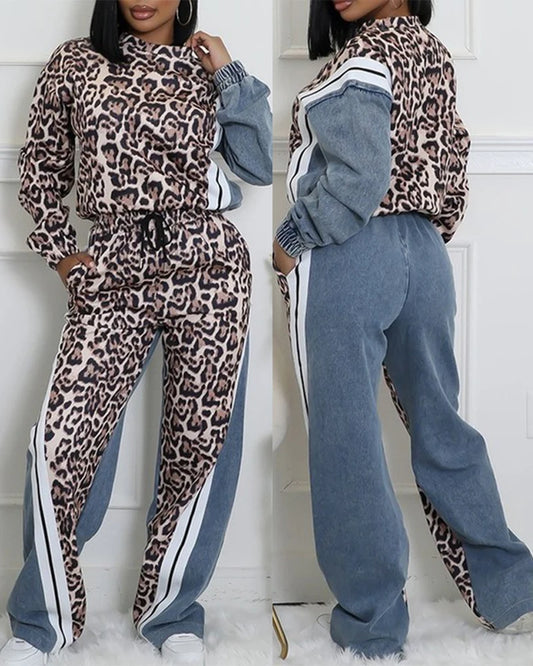 Fashion Women's Two-Piece Set Leopard Pattern Stripe Print Long Sleeve Pullover Drawstring Denim Pants Casual Pants Set Good Vibrations