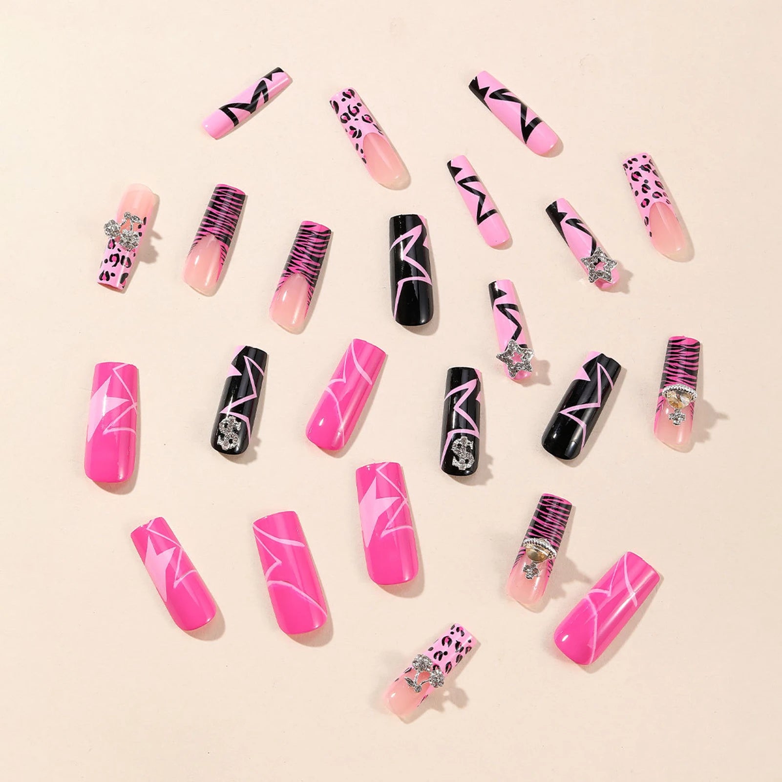 Rose Pink Long Coffin Fake Nails French Style Leopard Star Printed Press on Nails Y2K Girls Charms Manicure Black False Nails Good Vibrations