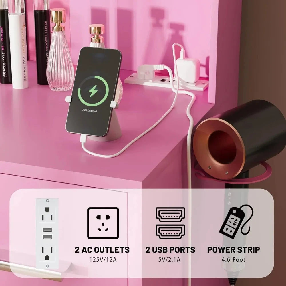 Vanity Desk with Mirror, LED Lights and Power Outlet Makeup Vanity Table with 7 Drawers and 6 Storage Shelves Dressing Table fo Good Vibrations