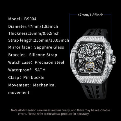Men Mechanical Winding Watch Montre Homme 2024 New BRUBOSES 5ATM Water Resistant Luminous Tonneau Quartz Wristwatch WIth Diamond Good Vibrations