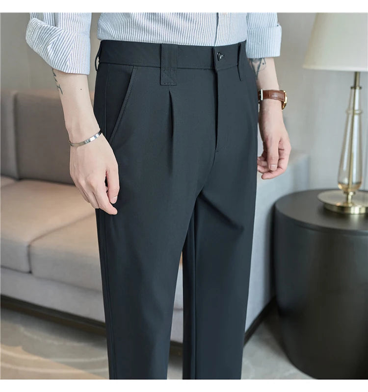 Men Straight Leg Suit Pants Summer Ice Silk Lightweight Elastic Waist Casual Loose Wide-leg Trousers Dress Pants Men Clothing