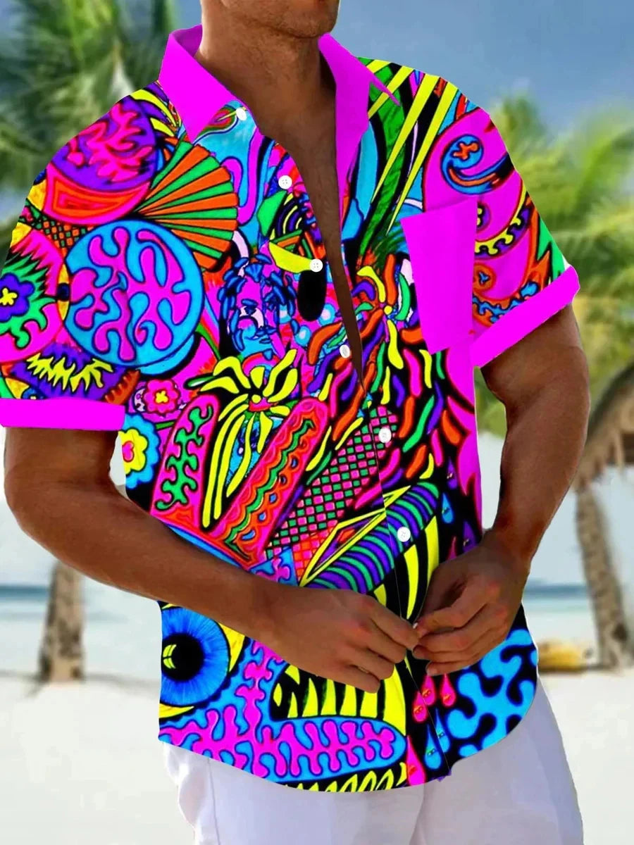 Men's Short Sleeve Shirt Art Painting Abstract Cartoon Print Summer Button Shirt Camping Shirt Short Sleeve Men's Casual Shirt Good Vibrations