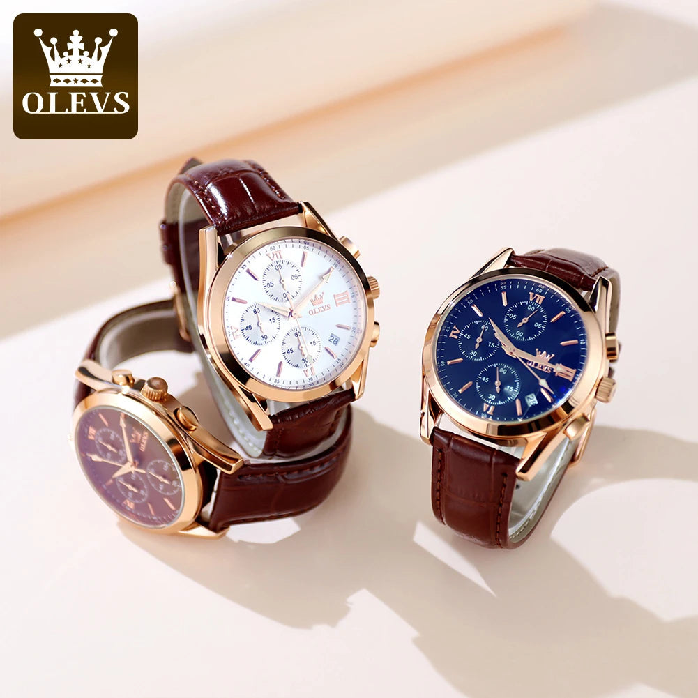 OLEVS 2872 Chronograph Men's Wristwatches Leather Strap Waterproof Luminous Original Quartz Watch for Men Luxury Sport Man Watch Good Vibrations
