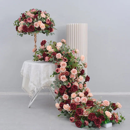 Uflower Red Rose Green Leaf Artificial Flowers Row Arrangement Wedding Table Center Flower ball Event Party Backdrop Decor Props Good Vibrations
