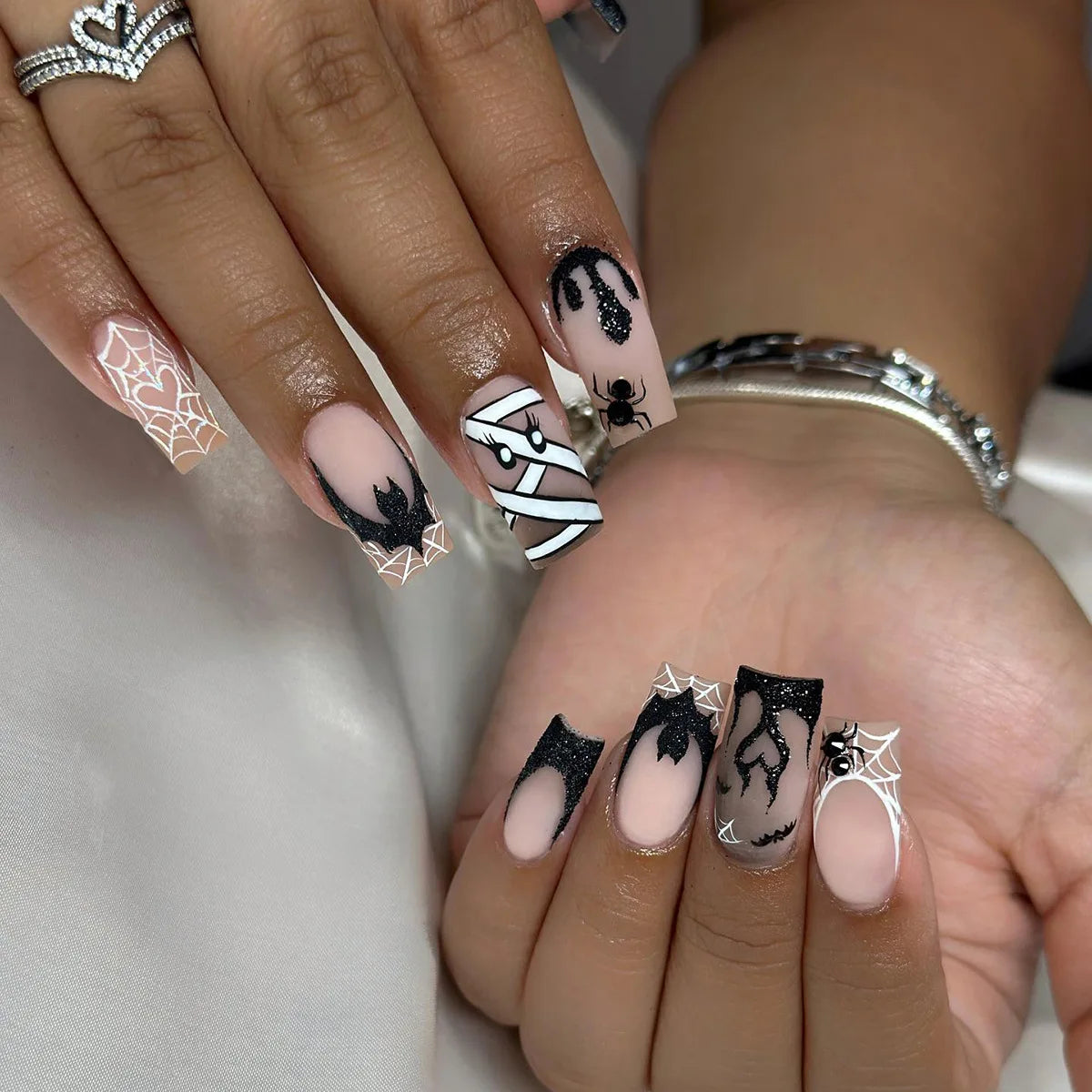 24pcs Gradient Pink French Style Press On Nails Cute Bandage Ghost Pumpkin Printed Halloween Fake Nails Medium Coffin False Nail Good Vibrations