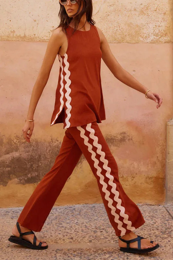 Summer Women Two Piece Set O Neck Sleeveless Printed Vest Shirt Loose Pants Suit Female Matching Sets Good Vibrations