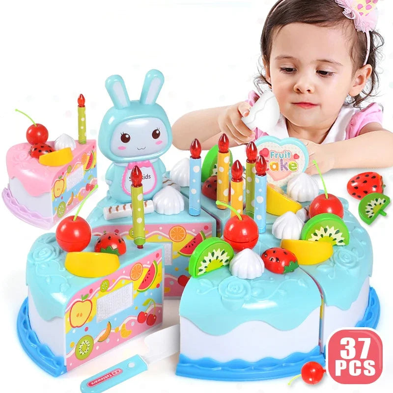 Kids Toy Simulation DIY Birthday Cake Model Kitchen Pretend Play House Cutting Fruit Food Toy for Toddler Children Gift Boy Girl Good Vibrations