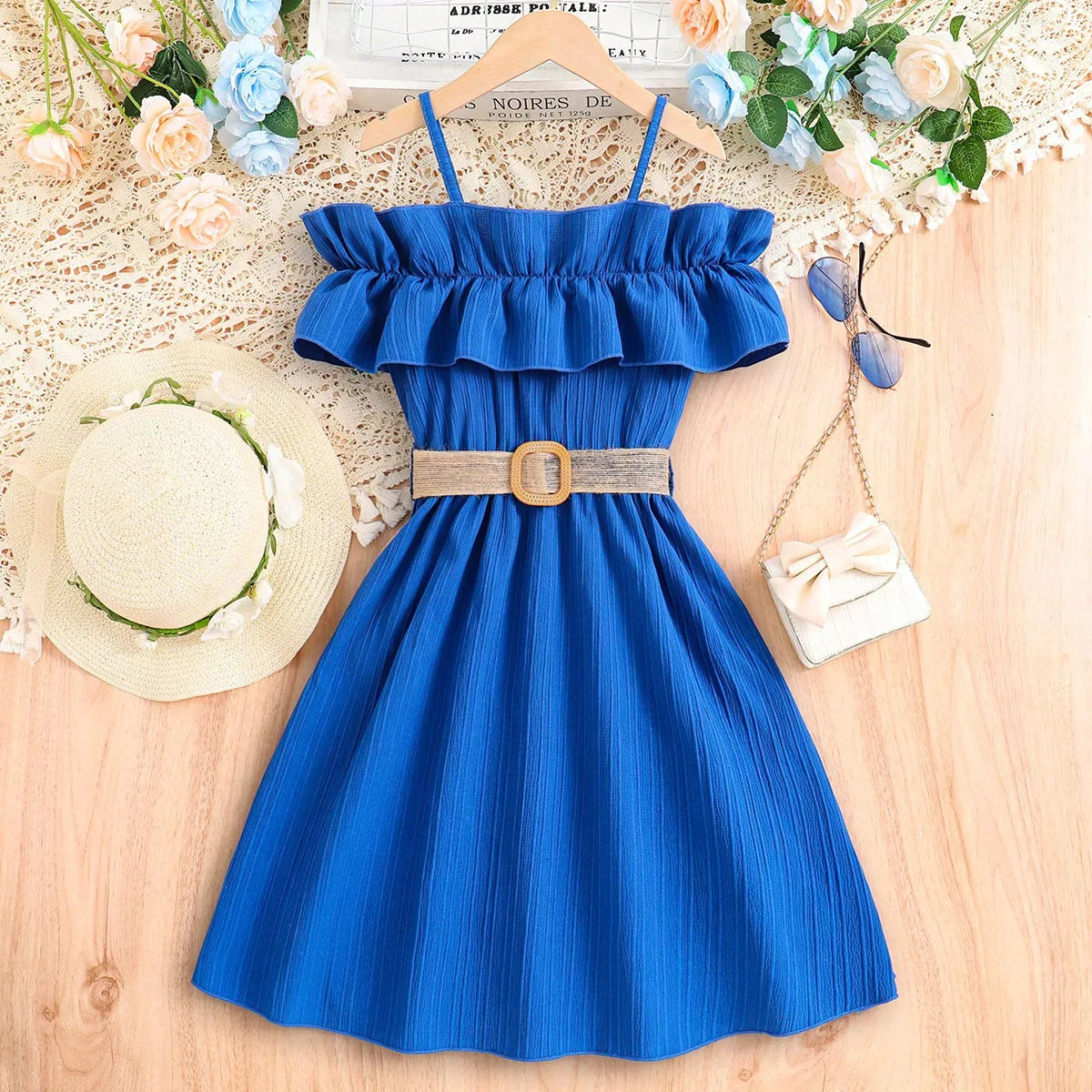 Prowow Girls Party Dresses Sleeveless Belted Halter Neck Hem Dress Holiday Beach Children's Clothing Teenagers Dress For Girls Good Vibrations