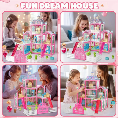 Luminous Doll House Dreamhouse for Girls Princess Playhouse Set with Dolls Furniture Accessories Pretend Play Birthday Gifts Good Vibrations