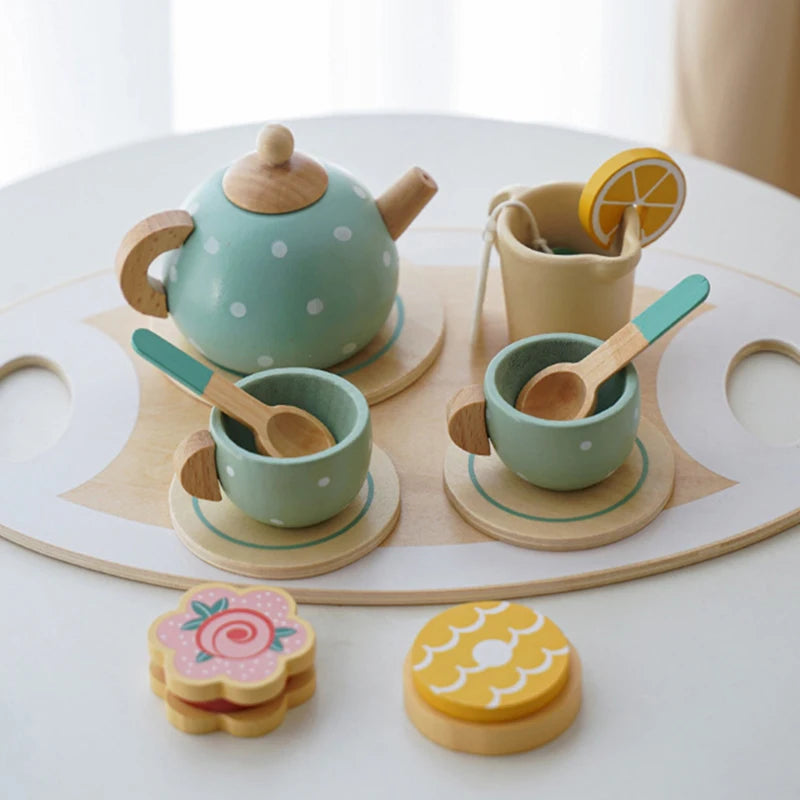 Wooden Afternoon Tea Set Toy Kitchen Accessories Tea Party Food Play Early Educational Toys for Toddlers Girls Boys Kids Gifts Good Vibrations