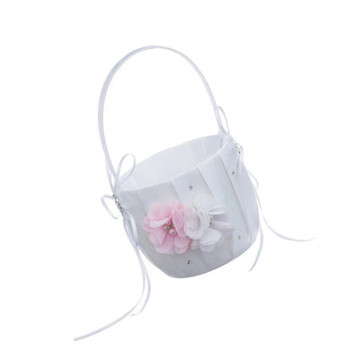 Wedding Bowknot Faux Pearl Flower Girl Basket With Heart Shape Decor Pink