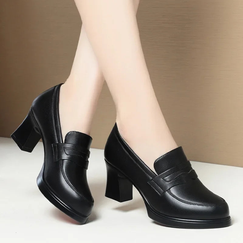 High Heels for Women 2025 Spring Slip on Pointed Toe Platform Heels Chunky Loafers Woman Black PU Leather Uniform College Shoes Good Vibrations